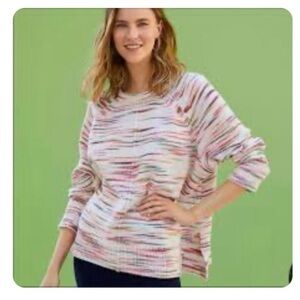 Lou & Grey pink/white striped crew neck soft oversized sweater. MEDIUM
